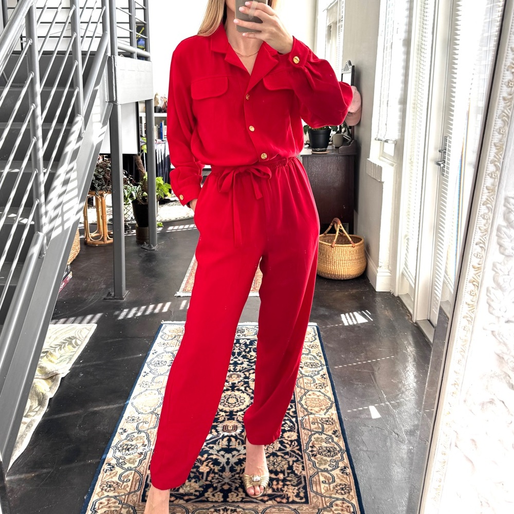 Vintage 80s Saint Germain Paris Red Jumpsuit with Gold Buttons Size Medium